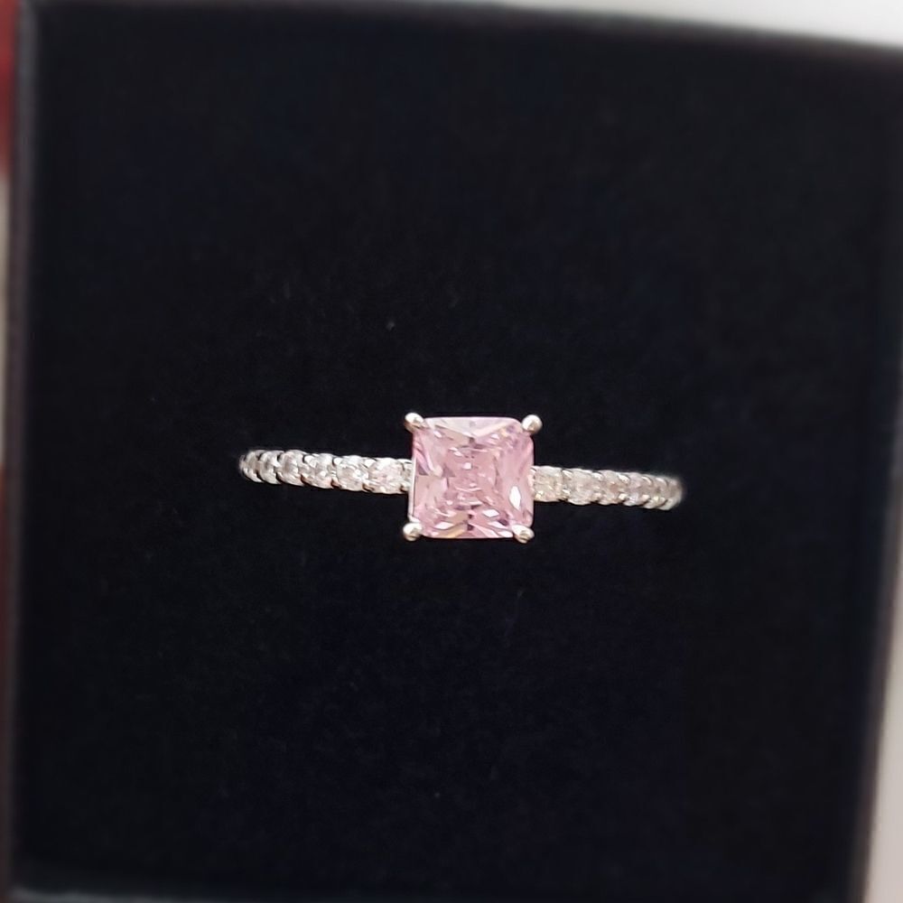 925 Sterling Silver Pink Cubic Zirconia Love Ring - Picture 4 of 6